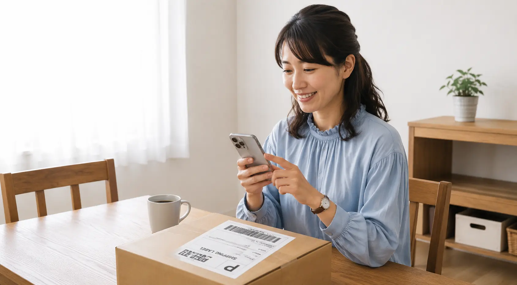 荷物を受け取りスマホで伝票を撮影する女性